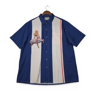 Royaura Hawaiian Men's Large Blue Pin Up Girl Bomber Button Up Retro Shirt VTG